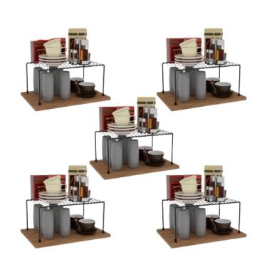 Imagem de Kit 5 Organizador de Armário para Cozinha 32 cm – Prateleira Dispensa em Aço Inoxidável, Suporte Médio de Armazenamento Preto