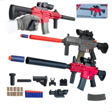 Imagem de Metralhadora de Dardos M416, Azul e Cinza, Plástico, Com Luneta e Silenciador Red Dot, 11 Peças, Carregador 20 Dardos, Para Crianças 6+ Anos, 35x15x25 cm