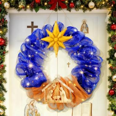 Imagem de Glitinsel Guirlanda cristã de Natal com luzes de LED, guirlanda de presépio de Jesus para janela, parede, mesa, escritório, decoração de casa (círculo)