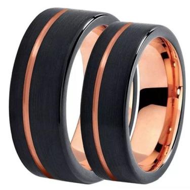 Imagem de Par De Alianças Tungstênio Namoro Compromisso Fio Ouro 8mm Rosê Pretas