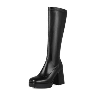 Imagem de Pomoxikn Botas femininas cano alto salto grosso GoGo Botas femininas plataforma de bico quadrado Go Go para outono inverno, Preto, 35