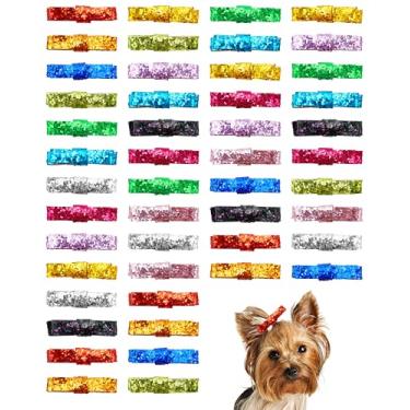 Imagem de PET SHOW Pacote com 48 laços de cabelo de cachorro com glitter com clipes jacaré para cães pequenos e médios grampos de cabelo com laço de lantejoulas brilhantes para gatos e filhotes de Yorkshire