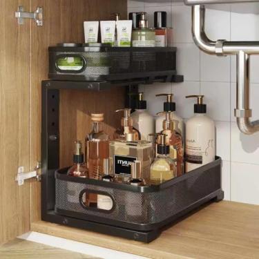 Imagem de Biboraya 1 pacote com organizador sob a pia de 38 cm de profundidade com trilho cilíndrico liso, armazenamento multiuso de 2 camadas para banheiro e cozinha, altura ajustável, revestimento resistente