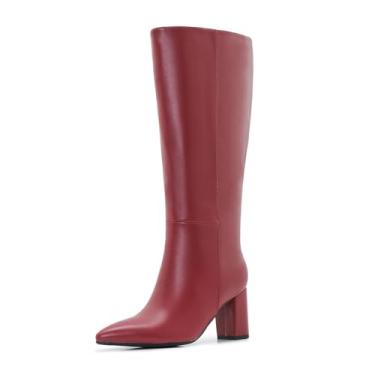 Imagem de Aizhenzm Botas de cano longo até o joelho para mulheres, plus size, zíper lateral, couro, salto grosso, bico fino, altura, Borgonha - A, 11 Wide