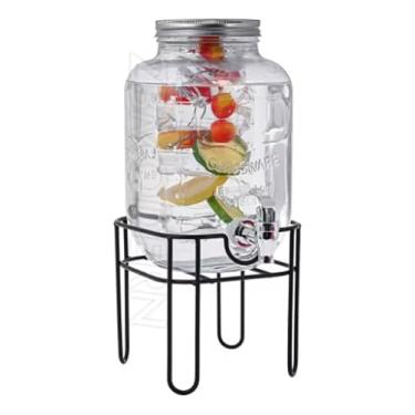 Imagem de Suqueira de Cristal AGUA SABORIZADA com Suporte, 5 Litros, Dispenser de Bebidas com Torneira Prateada e Tampa de Alumínio, Base Metálica