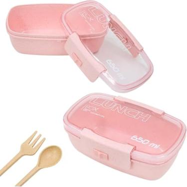 Imagem de Pote Marmita 650ml com Tampa Hermética, Garfo e Colher – Livre de BPA, Seguro para Micro-ondas e Freezer, Ideal para Transportar Refeições no Dia a Dia (Rosa)
