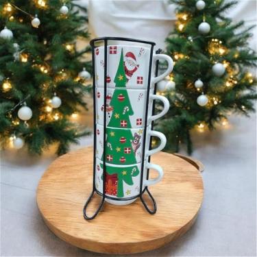 Imagem de Jogo De 4 Xicaras Café Chá Porcelana Arvore de Natal Com Suporte de Metal