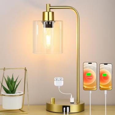 Imagem de Candeeiro de mesa industrial dourado com 2 portas de carregamento USB, luminária moderna de mesa de cabeceira totalmente contínua regulável, abajur de mesa de cabeceira de vidro para quarto, sala de