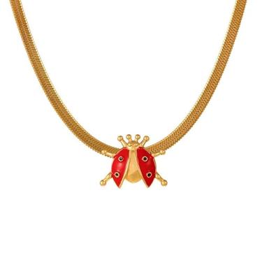 Imagem de Cykdohy Gargantilha com pingente de joaninha de esmalte vermelho, grosso, liso, cubano, para mulheres, charmoso besouro fofo, colar de corrente de clavícula, colar punk fashion, joias natalinas