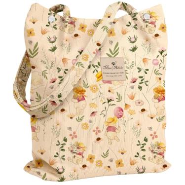 Imagem de Miss Adola Bolsa feminina de veludo cotelê - Sacola reutilizável com bolso interno e fivela, design estético fofo, bolsa de ombro para compras, compras, compras, compras, viagem, cerveja floral