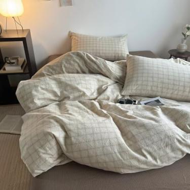 Imagem de PinkMemory Conjunto de capa de edredom xadrez vintage 100% algodão lavado, bege, guingão, 3 peças, conjunto de cama quadriculado com fecho de zíper, macio e respirável