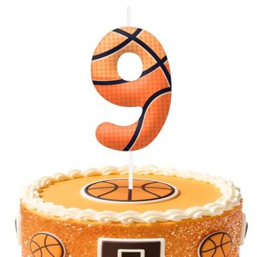 Imagem de Velas de aniversário de basquete número 9, topo de bolo com tema de basquete para meninos e meninas, decorações de bolo para aniversários, suprimentos de festa com tema esportivo, velas para