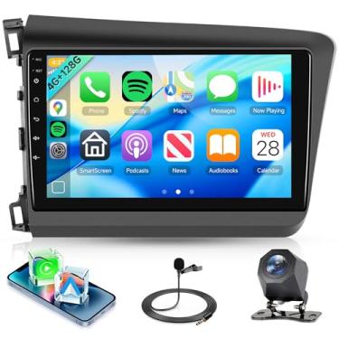 Imagem de Rádio estéreo automotivo 4 núcleos 4G + 128 G para Honda Civic 2012-2015, sem fio Carplay Android Auto, 5G WiFi + GPS, rádio com tela sensível ao toque embutida de 23 cm para Camry, câmera de backup