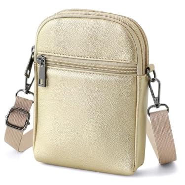 Imagem de BBORGDC Bolsa para celular, bolsas transversais pequenas para viagens femininas, segurança RFID, zíper duplo, couro vegano dourado, presente de uso diário