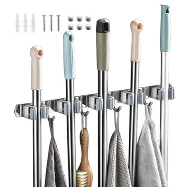 Imagem de Suporte para Vassoura de Aço Inoxidável, Porta Vassoureiro de Parede, Cinza, 50cm, 4 Fixadores e 5 Ganchos, Capacidade 30Kg