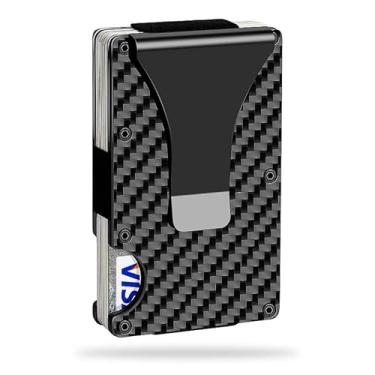 Imagem de Carteira masculina Leatherboss com bloqueio de RFID, minimalista, com clipe para dinheiro, cartões de crédito e dinheiro, Carbono preto meia-noite, Carteira de metal