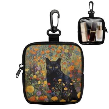 Imagem de Mini bolsa de moedas portátil para chaves, moedas, fone de ouvido e batom, bolsa leve para lanches para animais de estimação, Gato preto floral, P