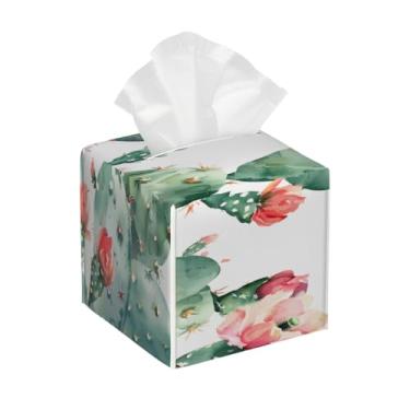 Imagem de Suporte quadrado de couro para caixa de lenços de papel, impermeável, tropical, cacto, planta, organizador de papel facial com cinto inferior, estojo de lenços para mesa, banheiro, escritório, mesa