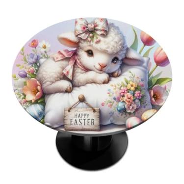 Imagem de hongjinglin Toalha de mesa redonda com borda elástica de Páscoa, toalha de mesa redonda limpável para ambientes internos e externos, pátio, jantar, cozinha, festival, decoração para mesas de 114 a 127