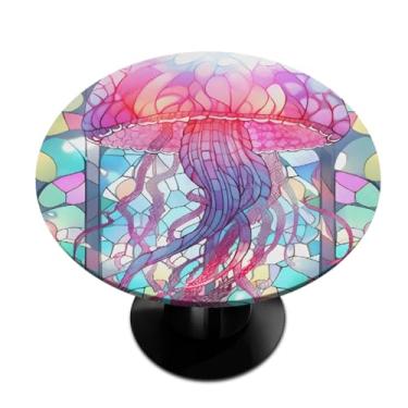 Imagem de Toalha de mesa redonda com borda elástica de vidro de água-viva de animal colorida pequena toalha de mesa redonda limpa para pátio interno e externo decoração de cozinha para mesas de 91 a 106 cm