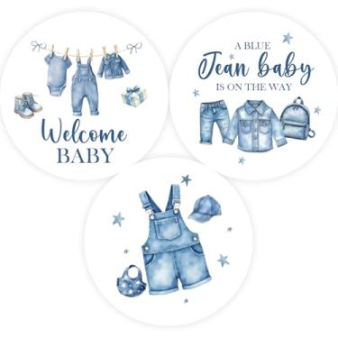 Imagem de 60 peças de adesivos de jeans azul Baby is on the Way, adesivos de chá de bebê jeans para menino, etiquetas redondas para meninos, lembrancinhas de festa de primeiro aniversário com tema de jeans azul