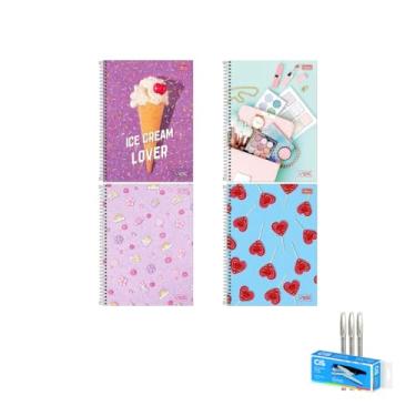 Imagem de Kit Caderno Universitário Vibe Feminino 1M 80F Tilibra + Caneta Trigel Branca 0.8mm Caixa 12 Unidades + Grampeador Alicate S-150