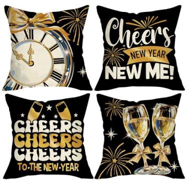 Imagem de Fjfz Feliz Ano Novo 2026 Capas de almofada decorativas 45 x 45 conjunto de 4, relógio dourado preto champanhe Cheers varanda decoração de casa ao ar livre, Natal, inverno, fogos de artifício, sofá