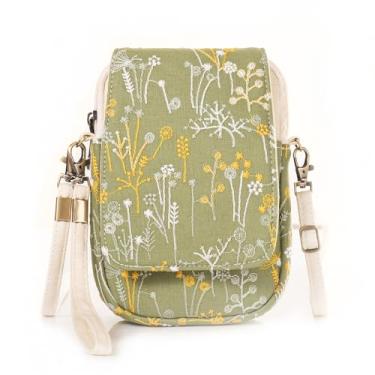 Imagem de Bolsa transversal de lona com flores bordadas, bolsa mensageiro feminina, bolsa para celular, Grama verde, Casual