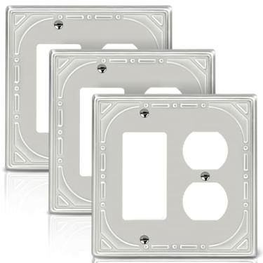 Imagem de Combinação de capas de interruptor de luz de metal, placa de parede, tomada/1 placa decorativa de interruptor de níquel escovado placa de parede decorativa de 2 grupos - estilo retrô clássico, pacote