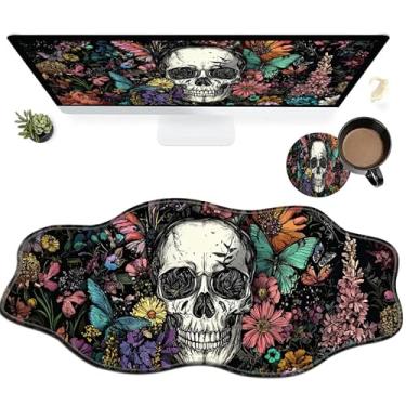 Imagem de Mouse pad grande para jogos com flores de caveira de açúcar e um porta-copos para mesa de 89,9 x 39,9 cm, tapete de mesa estendido XXL com borda costurada de borracha antiderrapante, tapete de mouse