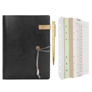 Imagem de WONDERPOOL Caderno e caneta de papel forrado de couro – fichário recarregável com 6 anéis para escrever diário em espiral com blocos de notas pautados, capa vintage para escritório, viagens, trabalho