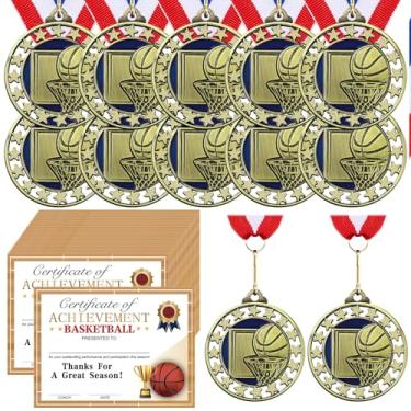 Imagem de Huquary 12 medalhas de prêmio de basquete com 12 peças de certificados de prêmio de conquista troféus de participação em equipe com fita listrada vermelha branca azul para lembrancinhas de festa