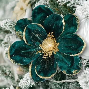 Imagem de XunYee 10 peças de flores de magnólia com glitter verde de Natal, enfeites de árvore de poinsétia artificial com clipes para decoração de festa de guirlanda de Natal faça você mesmo