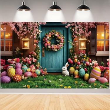 Imagem de Pano de fundo de páscoa, faixa fotográfica de fundo de páscoa colorido ovos coelhos cenários para crianças decorações e suprimentos de festa infantil - 180 x 109 cm (escuro)