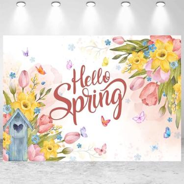 Imagem de 2,4 x 1,8 m Olá Primavera Pano de fundo colorido floral borboleta primavera fotografia fundo para aniversário, chá de bebê, decoração de banner, decoração de crianças, adultos, retratos de estúdio