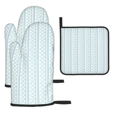 Imagem de Padrão de losango verde – Conjunto de cozinha essencial com 3 peças, luvas resistentes ao calor e aderência da tampa, proteção para churrasco no forno, design de armazenamento suspenso.