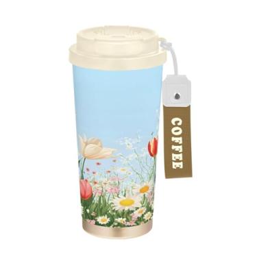 Imagem de STAYTOP Caneca de café Spring Beautiful Watercolor Tulipa isolada para viagem de 500 ml, copo de café reutilizável de aço inoxidável com tampa flip à prova de vazamento à prova de vazamento para
