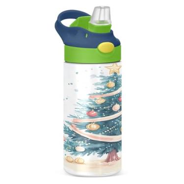 Imagem de YETTASBIN Garrafa de água de árvore de Natal para crianças, 340 g, à prova de vazamento, parede dupla, isolada, garrafa de água de aço inoxidável, copo de viagem com tampa de canudo para meninas