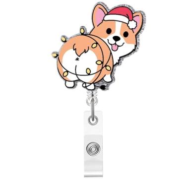 Imagem de Carretel de crachá de Natal, crachá de acrílico de cachorro fofo para crachá de identificação, chapéu de Natal divertido, suporte de crachá retrátil telescópico, acessórios de clipe de jacaré para