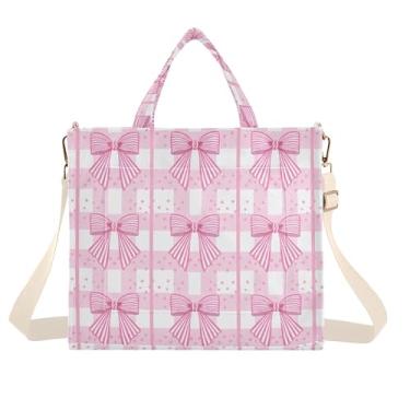 Imagem de Burbuja Sacola feminina xadrez com laços rosa em veludo cotelê, bolsa tiracolo para compras, trabalho, viagens, C324, Small