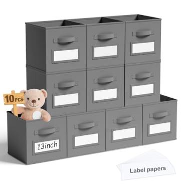 Imagem de Teenyyou 10 unidades de cubos de armazenamento de tecido com etiquetas 33 cm cestos organizadores de cubos dobráveis com cartões de janela para prateleira, roupas de berçário, livros, brinquedos