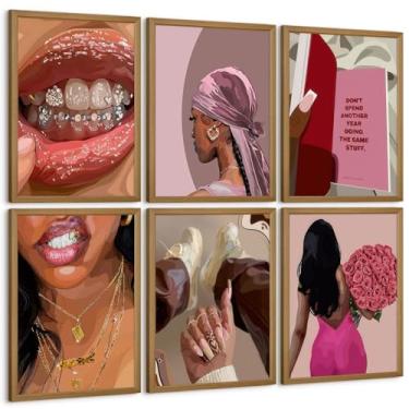 Imagem de Arte de parede de menina negra rosa preta decoração de parede em tela pessoas afro-americanas, pôster moderno, pintura de meninas americanas, mulheres, rosa, estampas de flores abstratas para quarto