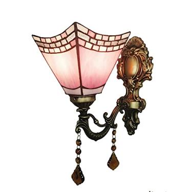 Imagem de Arandela de parede estilo Tiffany, com vitrais turcos, design vintage europeu com espelho frontal, ideal para quarto, cabeceira, corredor e varanda. Potência máxima: 40W. Cor: Rosa.