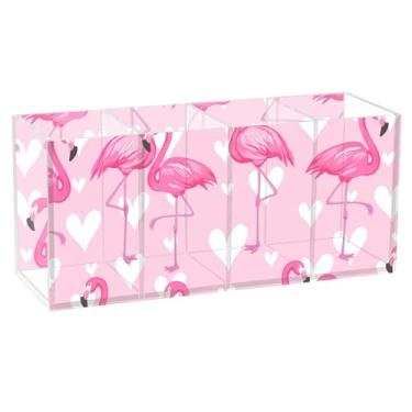 Imagem de Burbuja Porta-canetas de acrílico Flamingos em pé em uma perna com 4 compartimentos, suporte de lápis transparente para pincel de maquiagem estacionário, acessórios de mesa de escritório em casa