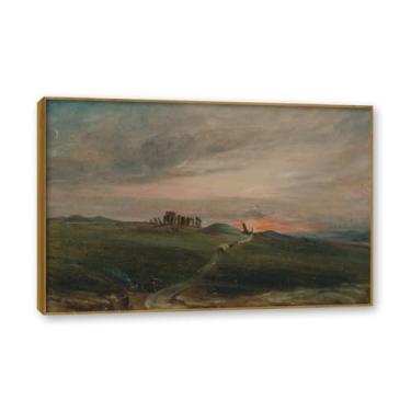 Imagem de Moldura de teca. Arte em tela romantismo estilo constável, (Stonehenge ao pôr do sol), pintura de paisagem inglesa emoldurada, decoração de parede elegante para sala de estar escritório. 30x45cm