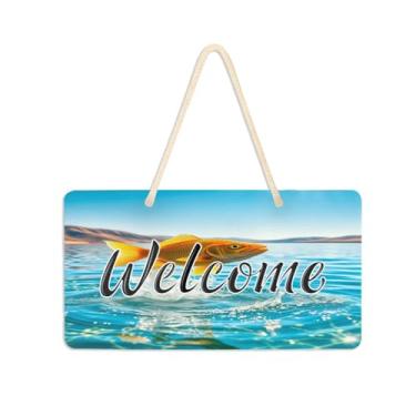 Imagem de Burbuja Placa de boas-vindas Goldfish Jumping Out Of Water para porta da frente, placa de boas-vindas de PVC para decoração de férias, 15 x 28 cm