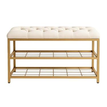 Imagem de Sapateira/Banco 2 Andares Dourado c/estofamento Veludo 47x35x90cm Industrial Reforçado Quarto Hall sapateira hall de entrada(offwhite)