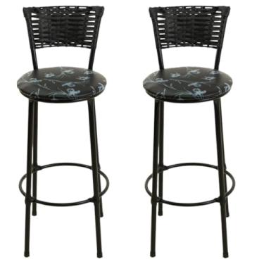 Imagem de Jogo De 2 Banquetas Alta De Fibra Sintética PRETO Casa Bar Balcão Junco Vime(PRETO FLORIDO)