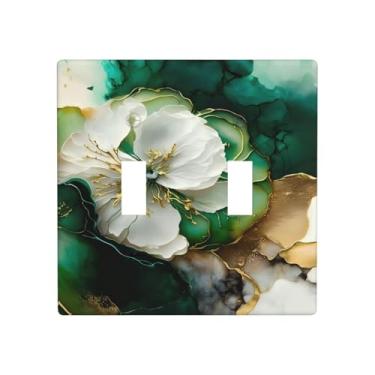 Imagem de Capa de interruptor de luz estilo de arte decorativa, padrão de flor verde, placa de parede com botão duplo de 2 faixas, placa elétrica decorativa para decoração de casa