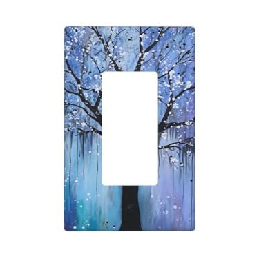 Imagem de Indokyeyqaz Placa decorativa de parede para interruptor de luz azul árvore única, 1 placa de interruptor de grupo e tampas de tomada 6,9 cm x 11,2 cm para quarto, banheiro, cozinha, decoração de casa